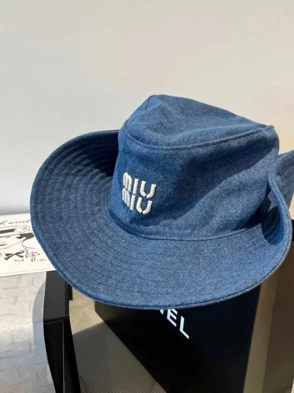 Miu Miu Denim Bucket Hat in Indigo Blue with White Logo